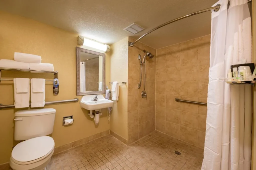 Baño accesible con ducha a ras de suelo y barras de apoyo en Holiday Inn & Suites Orlando SW