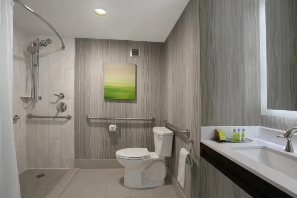 Accessible bathroom with roll-in shower, grab bars and vanity, DoubleTree at the Entrance to Universal