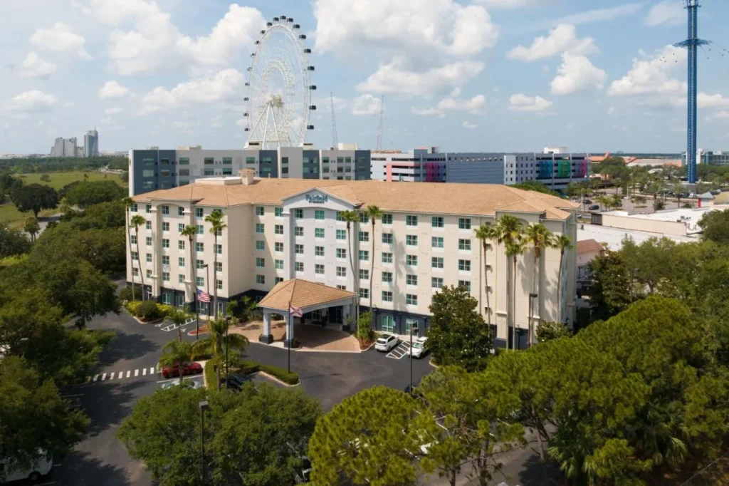 Aerial view of Fairfield Inn & Suites Orlando International Drive with The Orlando Eye behind