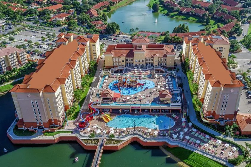 Aerial view of Shipwreck Island Water Park between villa towers at Westgate Town Center Resort