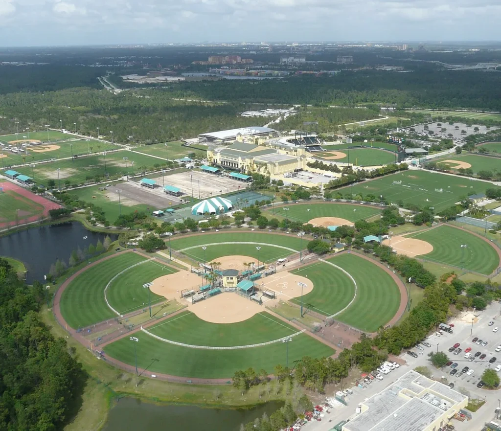 Aerial view of the ESPN Wide World of Sports Complex fields and buildings in 2008