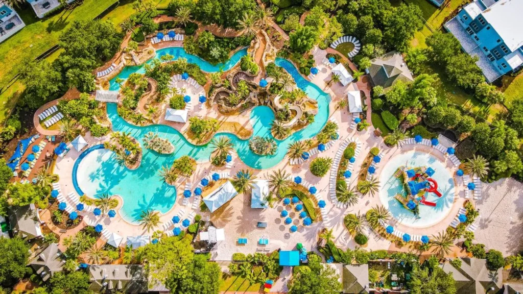 Aerial view of the lazy river, zero-entry pool and kids splash area at Reunion Resort & Golf Club water park