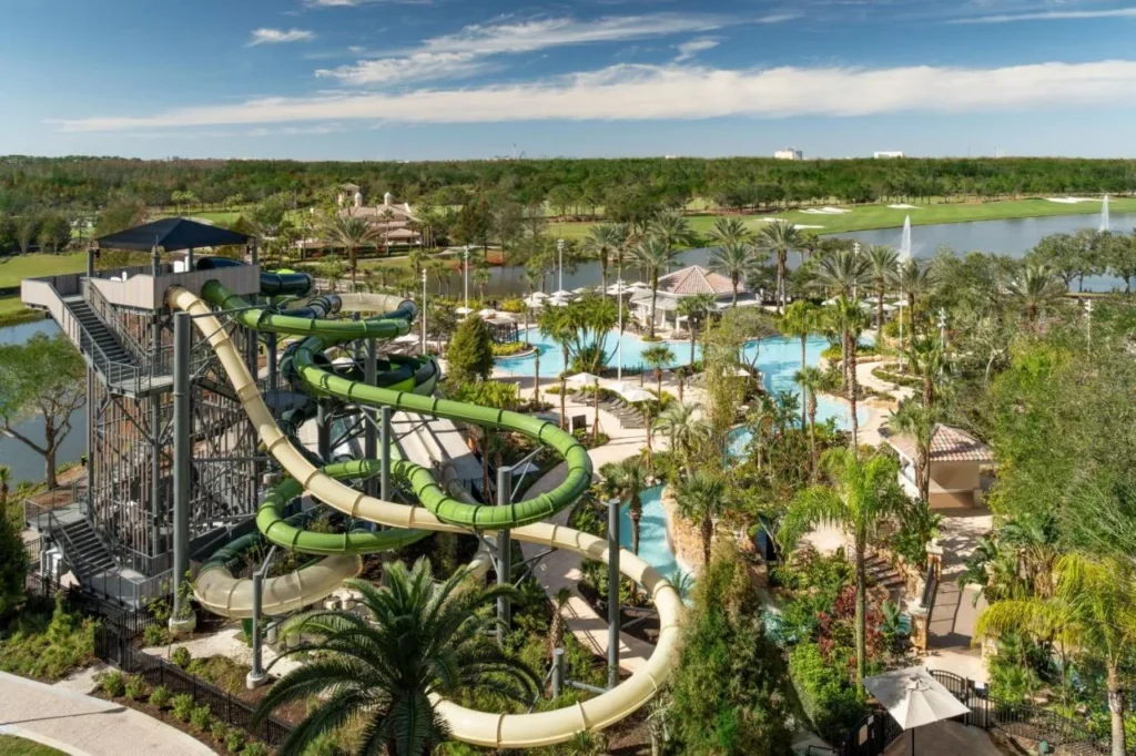 Aerial view of the slide tower and pools at the JW Marriott Orlando Grande Lakes waterpark