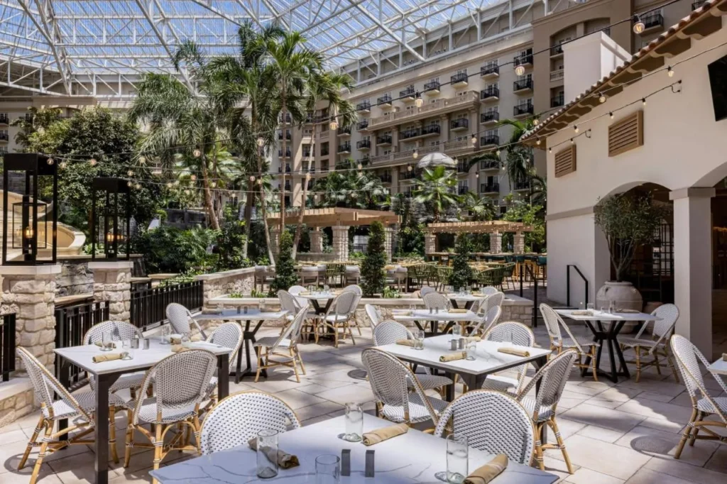 Patio de restaurante con sillas de bistr&oacute; bajo el techo de cristal en Gaylord Palms Resort