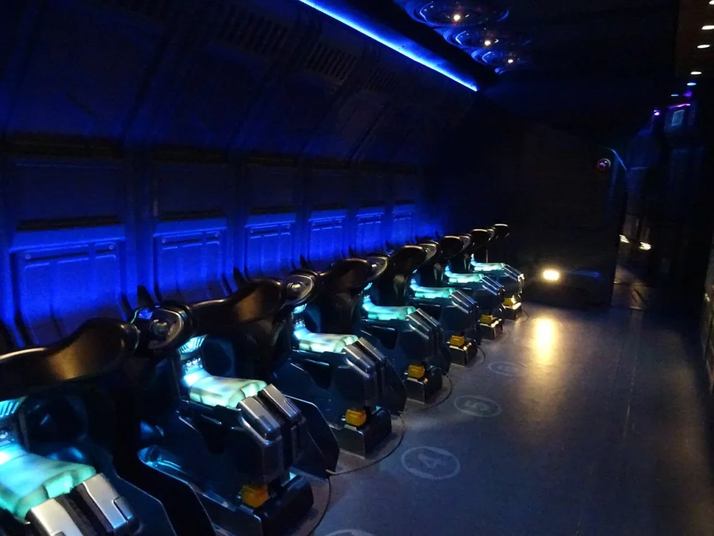 Avatar Flight of Passage ride seats lit in blue inside the attraction at Animal Kingdom