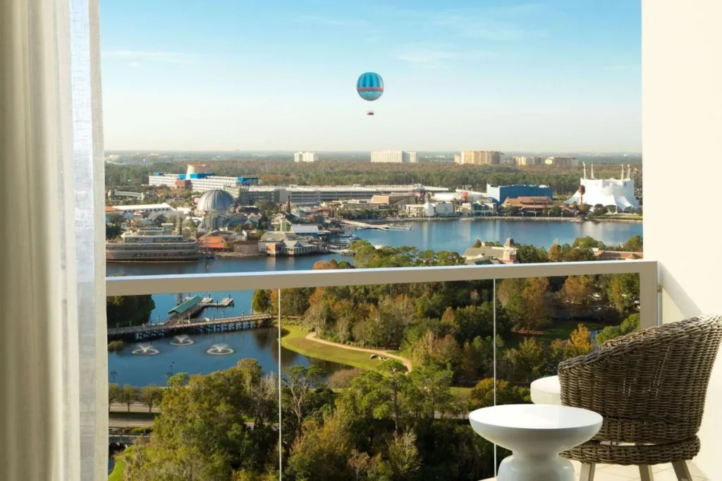 Balcony at Hilton Orlando Buena Vista Palace looking over Disney Springs and a balloon