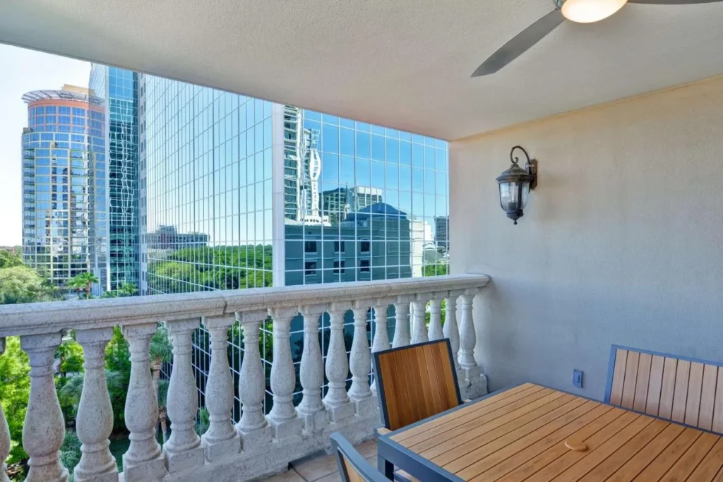 Balcony facing downtown office towers from a suite at Embassy Suites Orlando Downtown