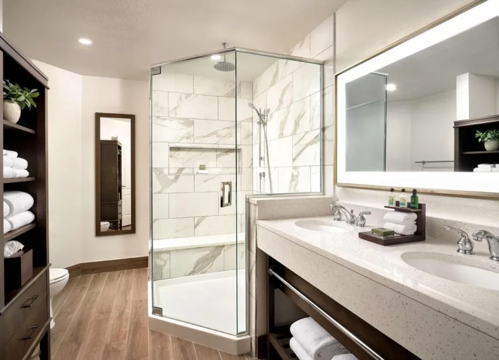 Cuarto de ba&ntilde;o con ducha de esquina de vidrio y tocador de doble fregadero en Caribe Royale Orlando