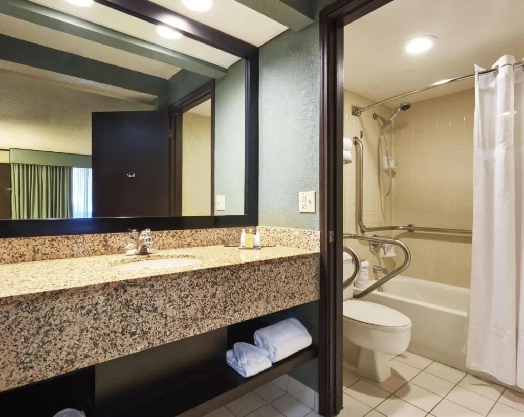 Bathroom with granite vanity and tub at the DoubleTree Orlando Theme Park Resort