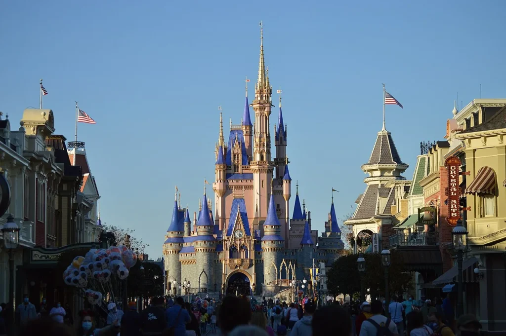 Cinderella Castle seen down Main Street U.S.A. at Magic Kingdom on a clear afternoon