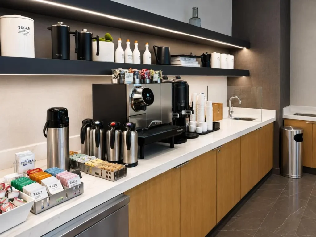 Estación de café y té con una máquina de café espresso y garrafas en AC Hotel Orlando Downtown