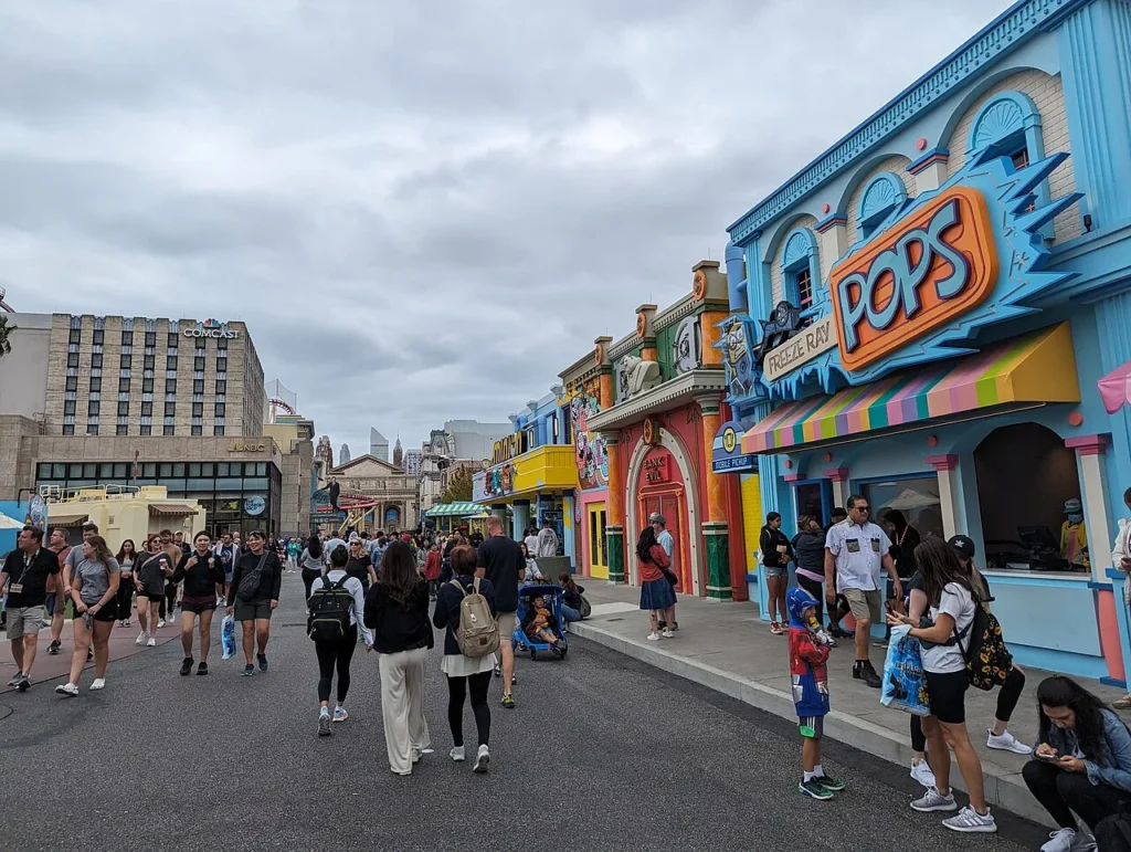 Colorful Minion Land shop fronts and guests walking along the street at Universal Studios Florida