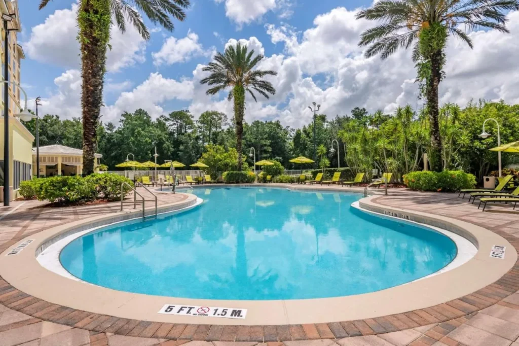 Piscina exterior curva con palmeras y tumbonas de color verde lima en Comfort Suites Maingate East