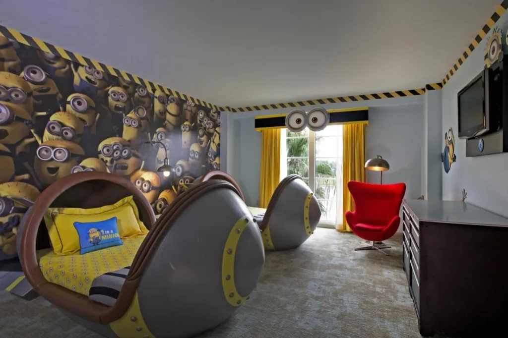 Despicable Me kids room with Minion-style twin beds and Minion mural at Loews Portofino Bay Hotel