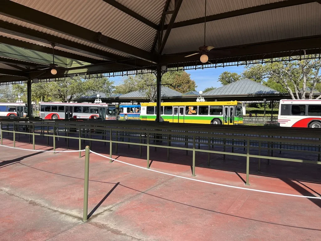 Disney buses parked beside covered queue lanes at a Walt Disney World bus loop