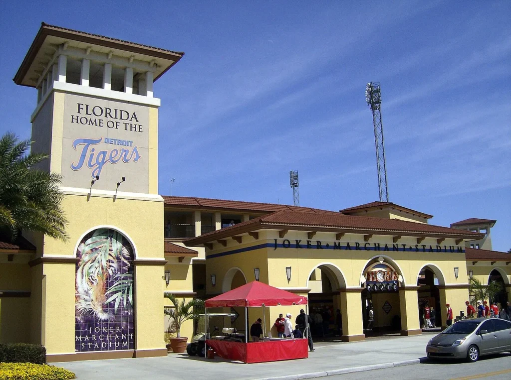 Entrance tower and arches of Joker Marchant Stadium in Lakeland, spring home of the Detroit Tigers