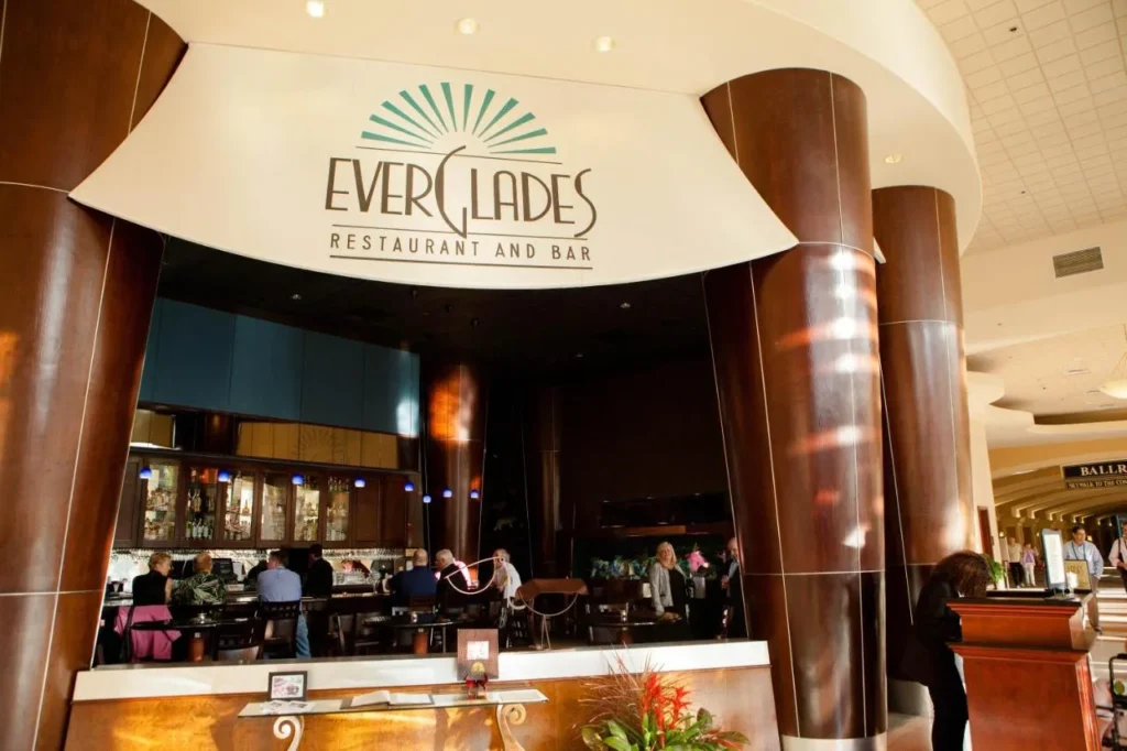 Everglades Restaurant and Bar entrance beside a ballroom and skywalk sign inside Rosen Centre Hotel