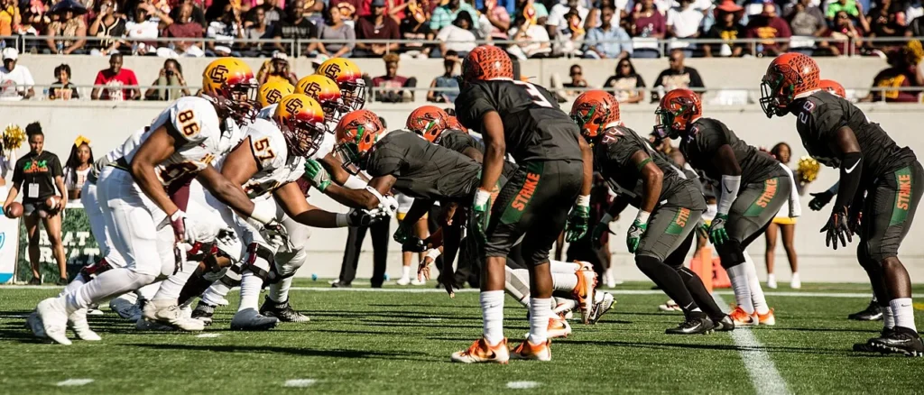 FAMU and Bethune-Cookman players at the line of scrimmage during the Florida Classic in Orlando
