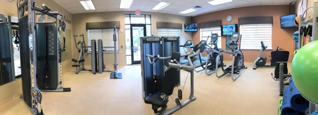 Gimnasio con m&aacute;quinas de cardio, estaciones de pesas y pelotas de ejercicio en Floridays Resort Orlando