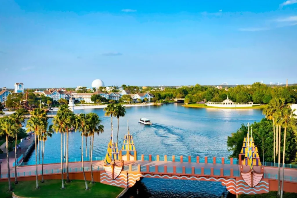 FriendShip boat on Crescent Lake near Walt Disney World Dolphin, with Spaceship Earth beyond