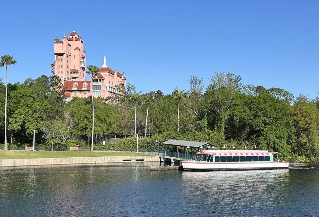 FriendShip water taxi docked at the Hollywood Studios launch below the Tower of Terror building