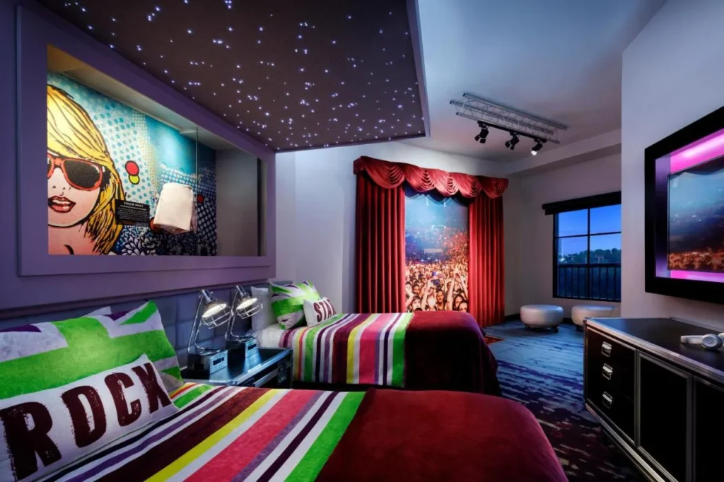 Future Rock Star kids room with twin beds, starry ceiling and curtains at Hard Rock Hotel