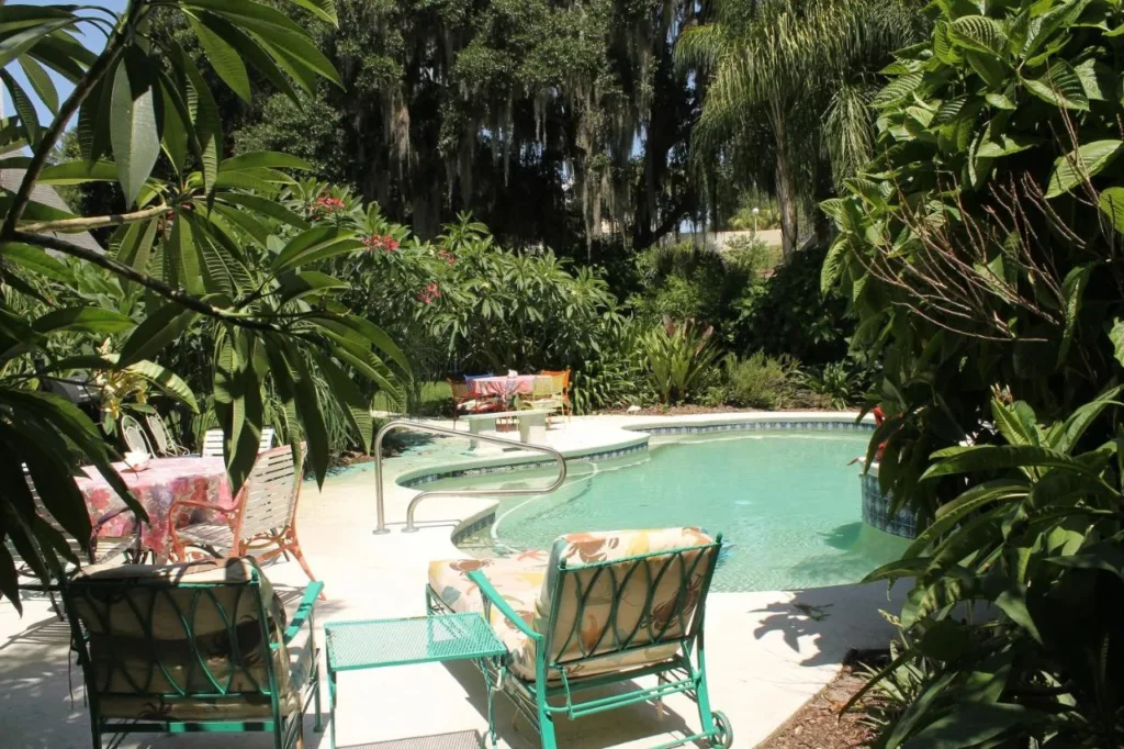 Garden pool with lounge chairs and tropical plants at Heron Cay Lakeview Bed & Breakfast