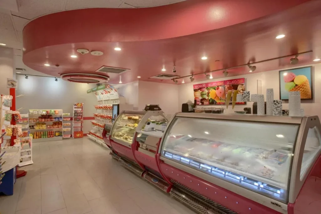 Gelato display cases and candy shelves in the gelato shop, DoubleTree at the Entrance to Universal