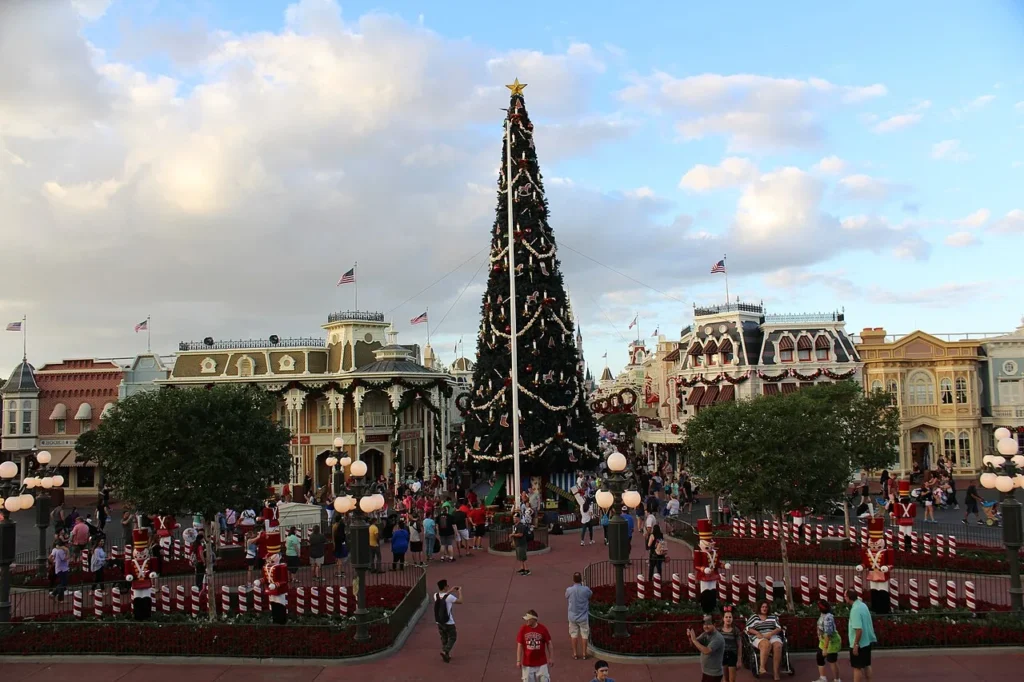 Giant decorated Christmas tree in Town Square on Main Street, U.S.A. at Magic Kingdom
