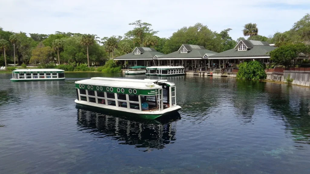 Glass-bottom boat crossing the clear spring basin at Silver Springs State Park near Ocala