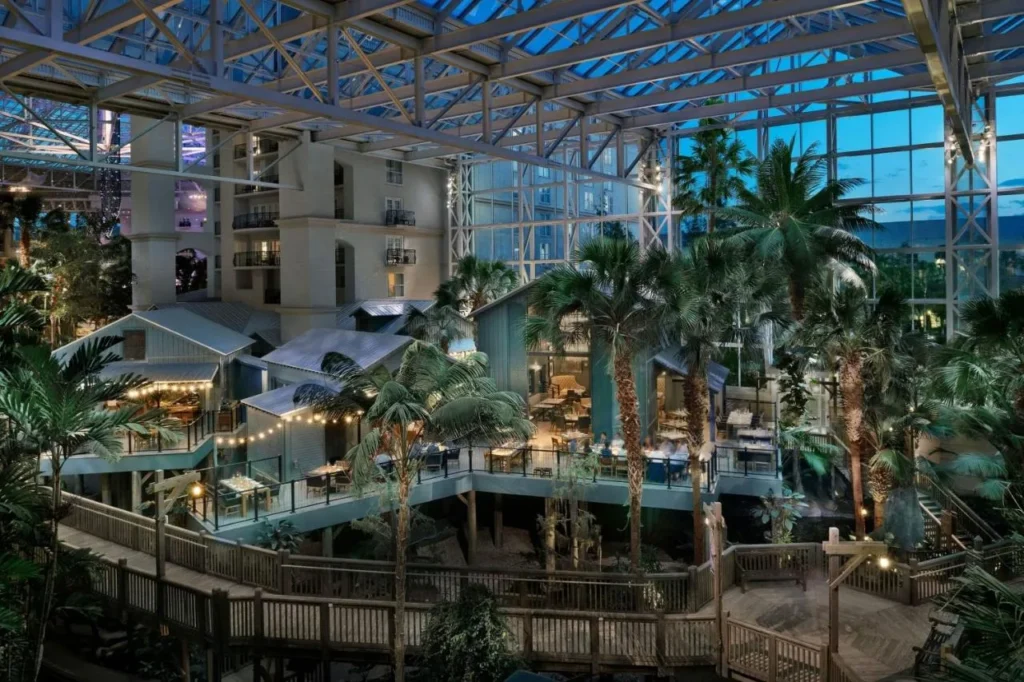 Glass-roofed atrium with palms, boardwalks and a restaurant at Gaylord Palms Resort
