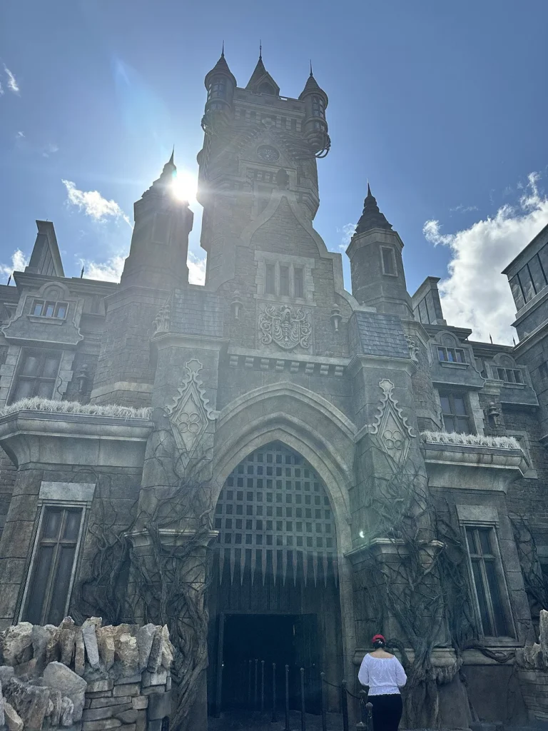 Gothic stone towers of Frankenstein Manor, home of Monsters Unchained in Dark Universe, Epic Universe