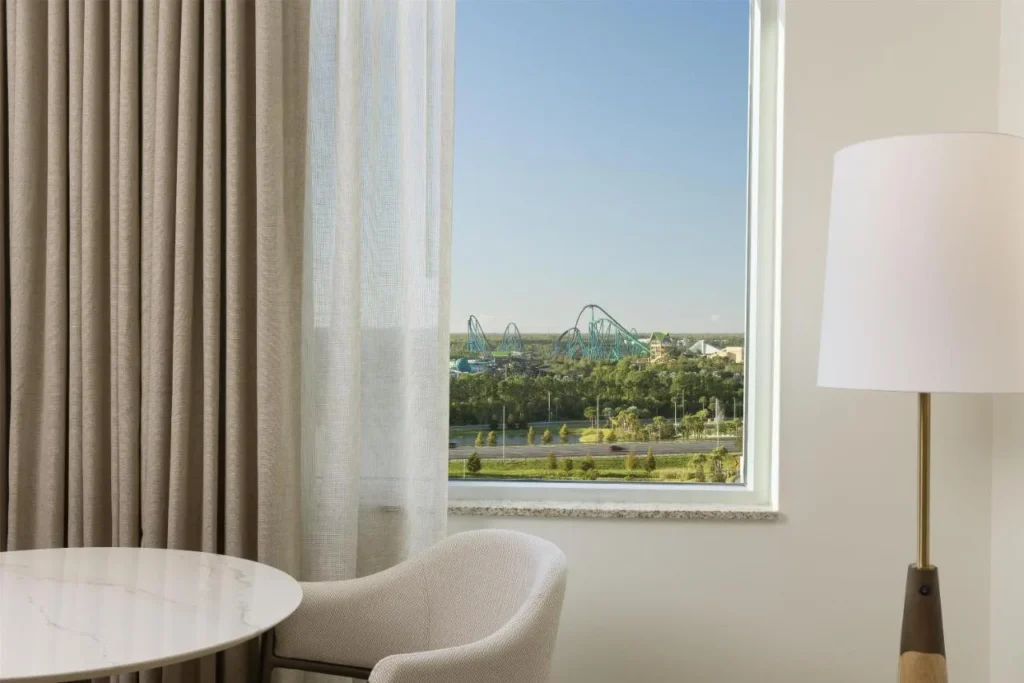Guest room window looking over trees toward SeaWorld's roller coasters at Hilton Orlando