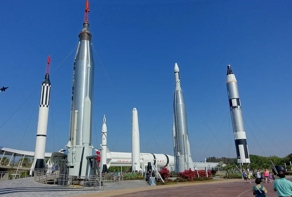 Historic rockets standing in the Rocket Garden at Kennedy Space Center Visitor Complex