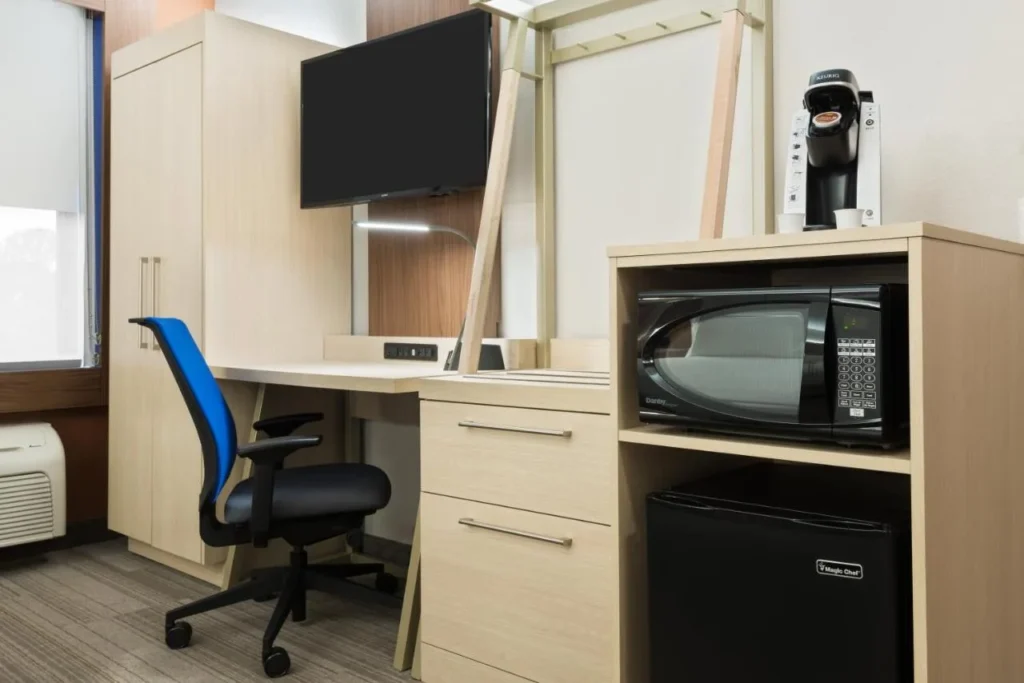 In-room desk, microwave, mini fridge and Keurig at Holiday Inn Express Nearest Universal Orlando