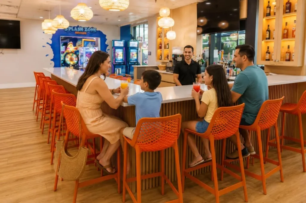 Bar interior con taburetes naranjas junto a la entrada de Splash Zone Arcade en CoCo Key Hotel