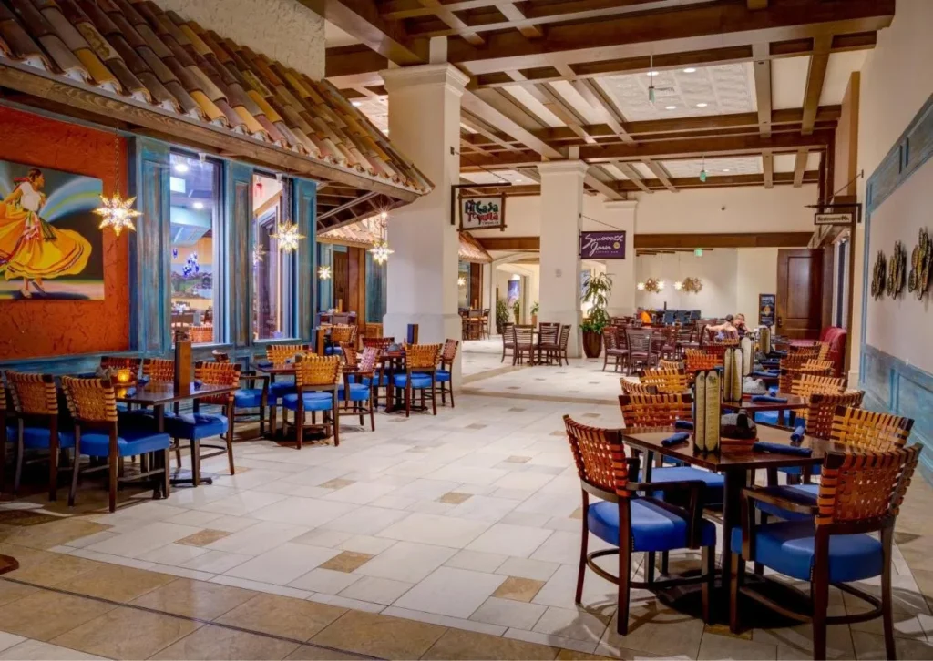 Indoor dining area beside Mi Casa Tequila Taqueria and Smoooth Java at Rosen Shingle Creek