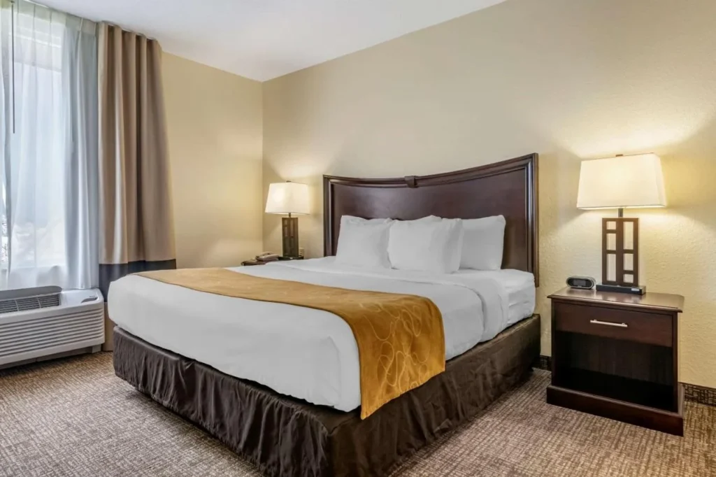 Cama King con corredor de oro y l&aacute;mparas de noche en una suite en Comfort Suites Maingate East