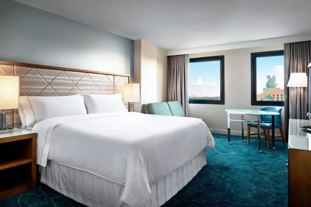 King room with a window facing the Swan's rooftop swan, Walt Disney World Dolphin