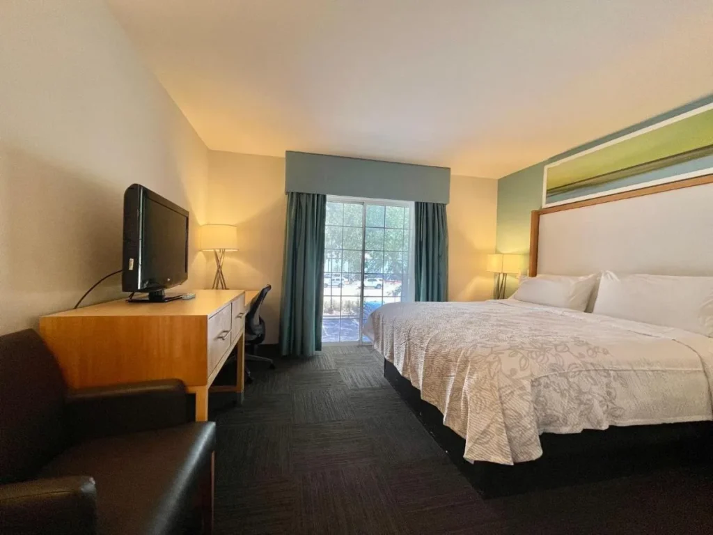 Habitación con cama king, escritorio, TV y patio en Red Roof PLUS & Suites Tampa