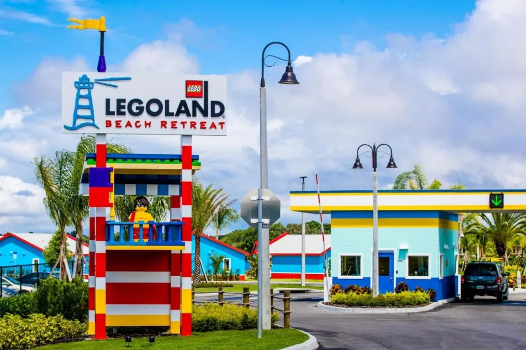 LEGOLAND Beach Retreat entrance sign and drive-through check-in gatehouse