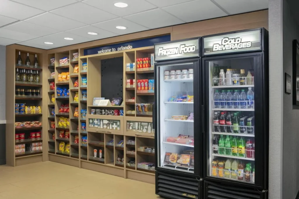 Lobby pantry with snacks, frozen food and cold drinks at Hampton Inn Orlando/Lake Buena Vista
