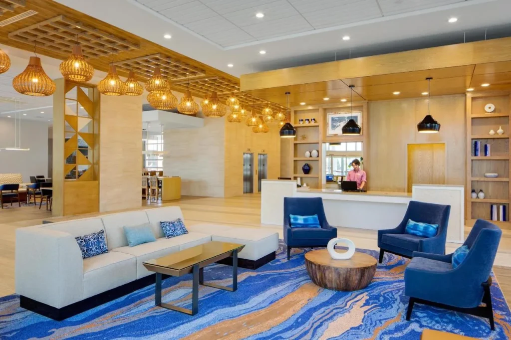 Lobby seating and front desk at Hyatt House across from Universal Orlando Resort