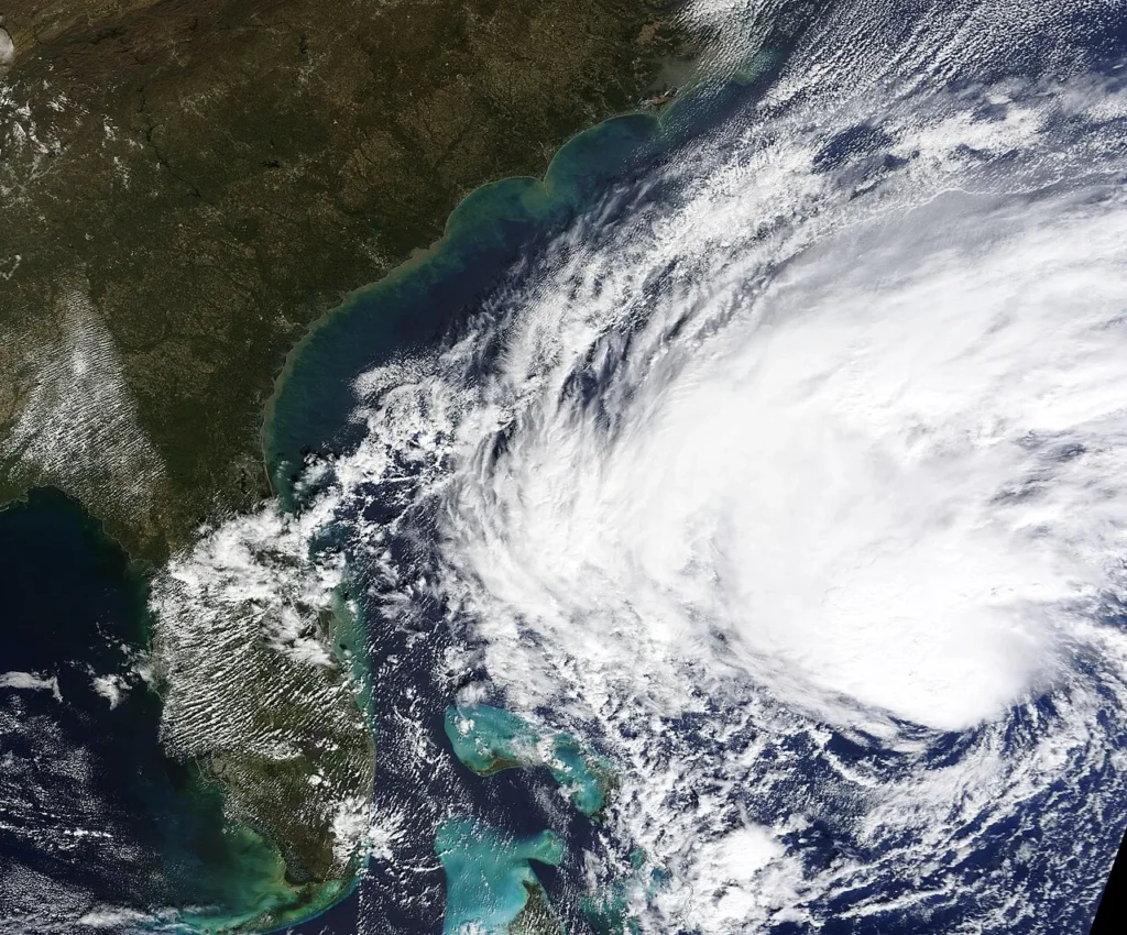NASA satellite view of Nicole, then a strengthening tropical storm, approaching Florida on November 9, 2022