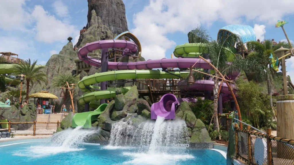 Ohyah and Ohno slides splashing into a pool below Krakatau at Universal Volcano Bay
