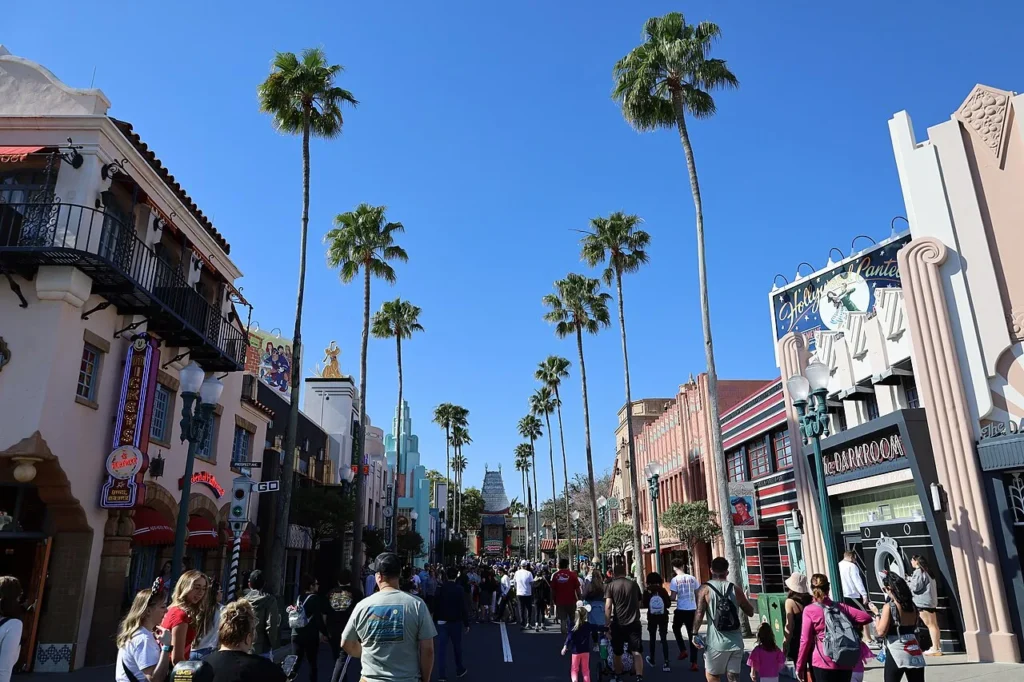 Palm-lined Hollywood Boulevard at Disney's Hollywood Studios with the Chinese Theatre at the far end