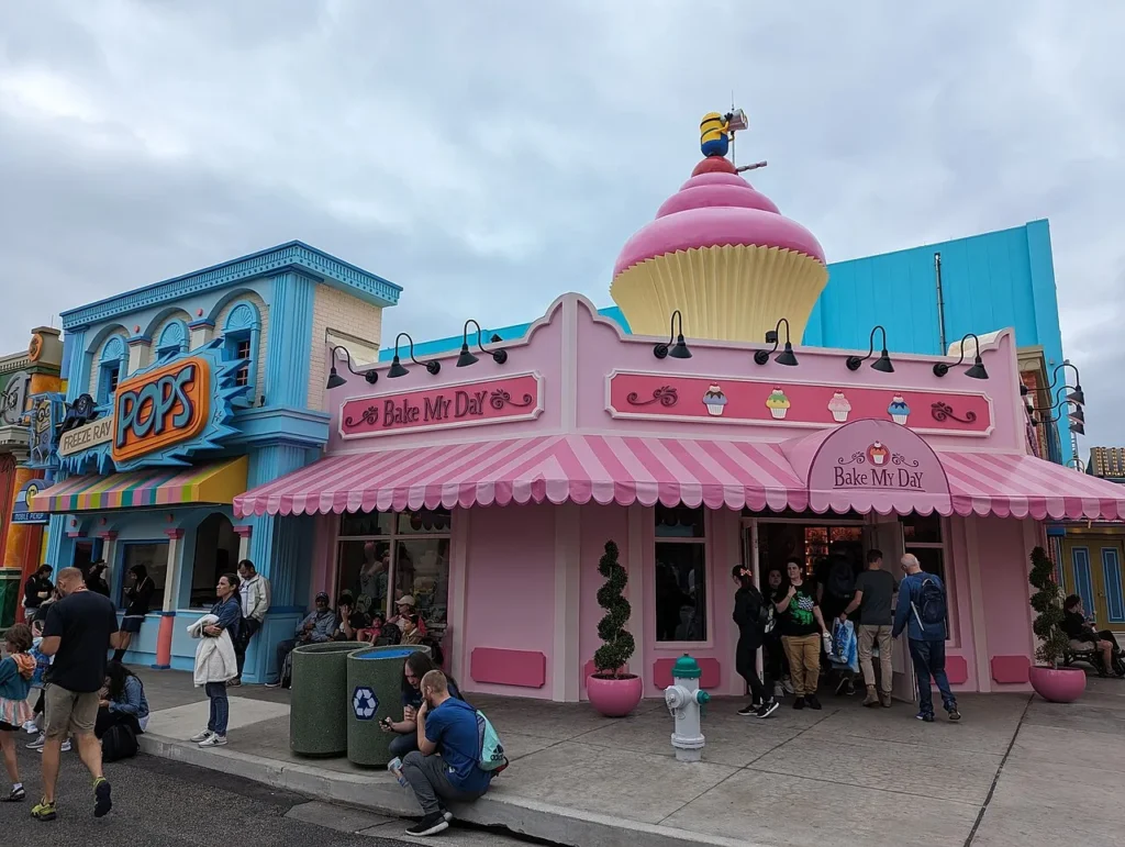 Pink Bake My Day bakery with a giant cupcake roof in Minion Land, Universal Studios Florida