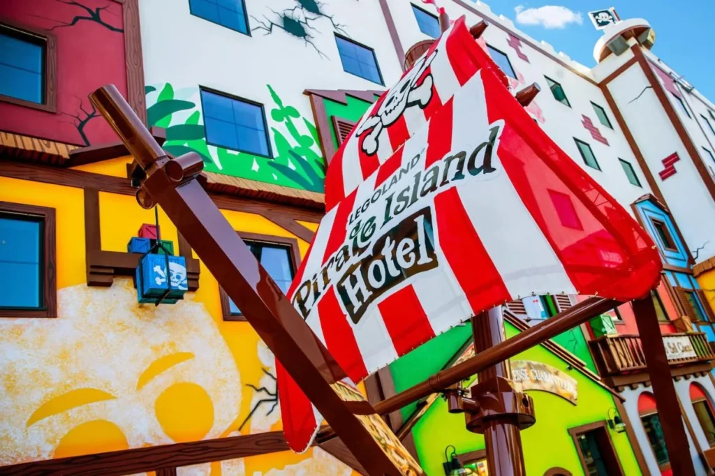 Pirate Island Hotel flag and themed facade at LEGOLAND Florida Resort