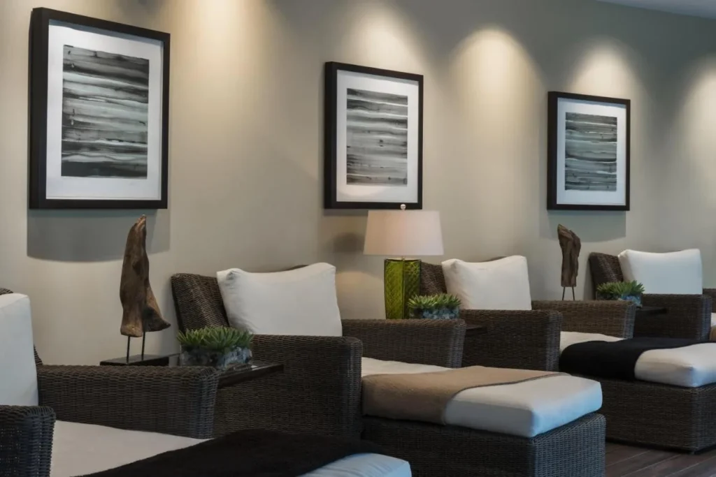 Sal&oacute;n de relajaci&oacute;n con tumbonas de mimbre, cojines blancos y arte enmarcado en Hyatt Regency Orlando