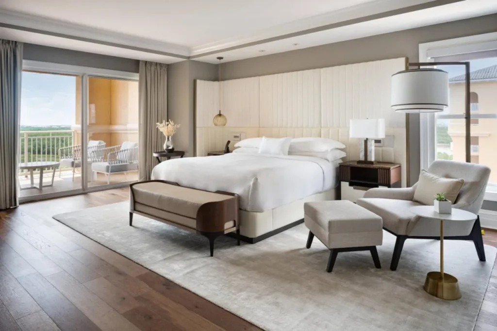 Ritz-Carlton Orlando, Grande Lakes bedroom with sliding doors to a furnished balcony